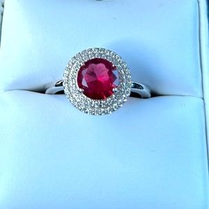 Ruby and White Topaz Round Ring sz 8